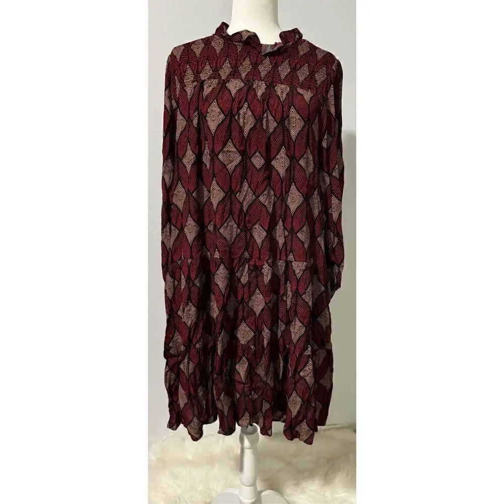 Melloday NWT mini dress smock neck long sleeve bold print tiered dress XL